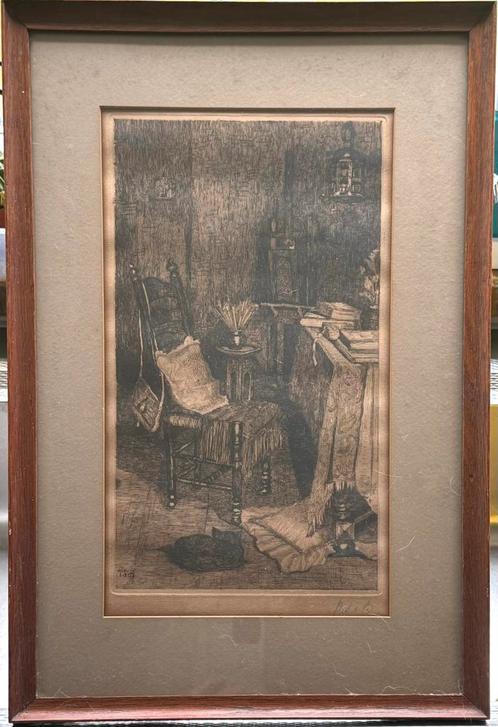 Ets - interieur met slapende kat, Antiek en Kunst, Kunst | Etsen en Gravures, Ophalen of Verzenden