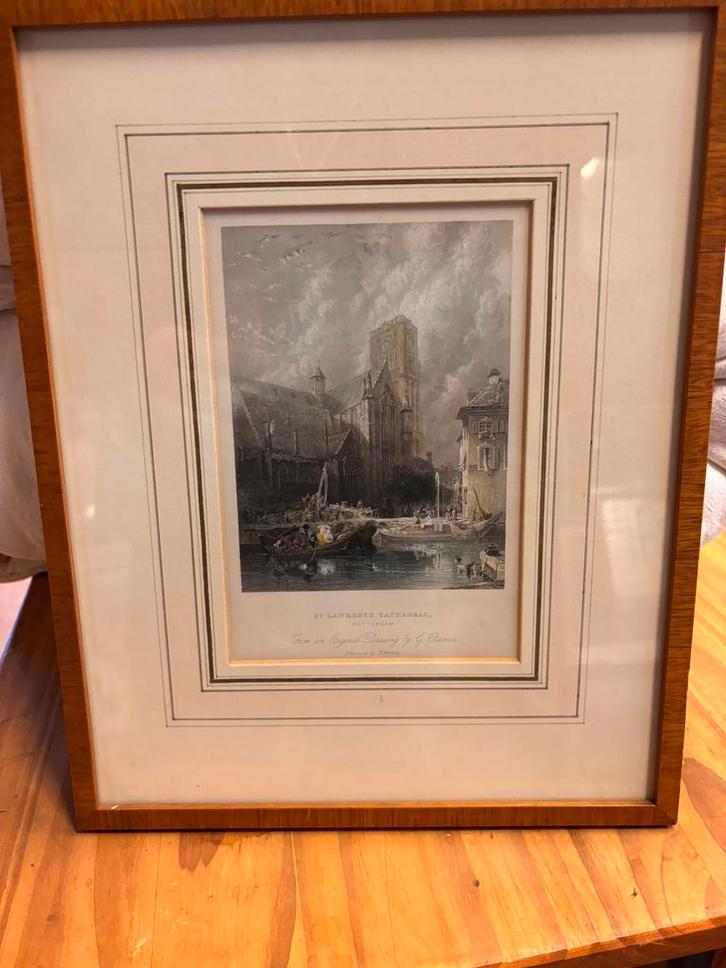 ingelijste prent van de St. Laurenskerk in Rotterdam., Antiek en Kunst, Kunst | Etsen en Gravures, Ophalen of Verzenden