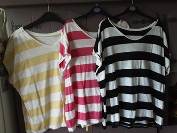 3 dames shirts ca 44 wit gestreept met zwart roze en geel