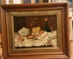 Olieverf op metaal stilleven wijn brood gebakken eieren glas, Antiek en Kunst, Ophalen