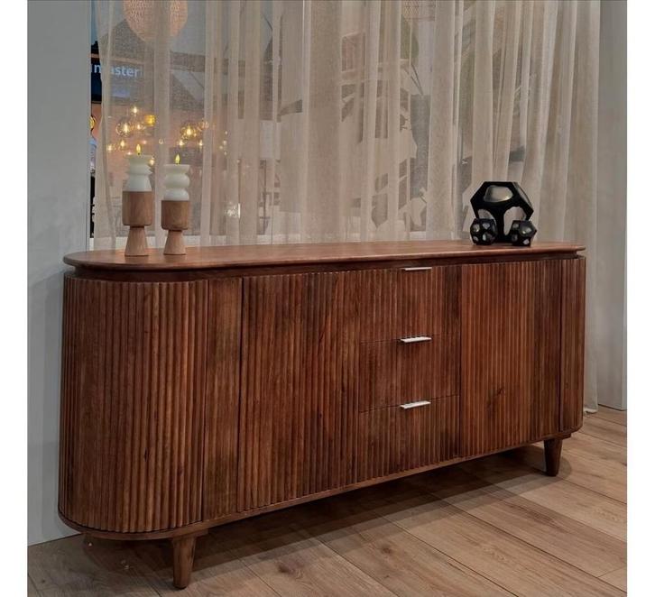 Dresso Dressoir Tide 4 Deur 3 Lades-190x45x80 cm -Bruin-Ma, Huis en Inrichting, Kasten | Dressoirs, Nieuw, 150 tot 200 cm, 25 tot 50 cm