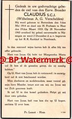 Verschelden Wilhelmus 1914 Rotterdam 1943 Nijmegen Neerbosch, Bidprentje, Ophalen of Verzenden