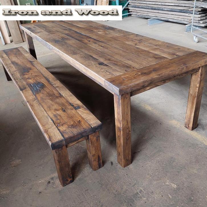 Stoere maatwerk eettafel van oude eiken wagonplanken, Huis en Inrichting, Woonaccessoires | Overige, Nieuw, Ophalen