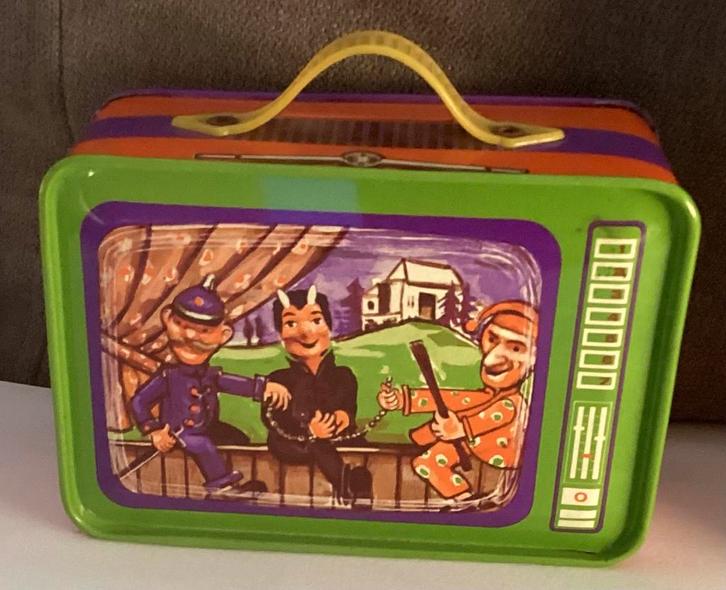 Oude blikken koffer spaarpot,Jan Klaasen en trein,W.Germany, Antiek en Kunst, Antiek | Speelgoed, Ophalen