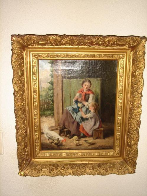 Jan Walraven (1827-1863), Mother, child and chickens., Antiek en Kunst, Kunst | Schilderijen | Klassiek, Ophalen of Verzenden
