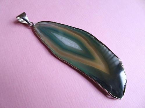 jwg Grote vintage 60s 70s groen agaat steen ketting hanger, Sieraden, Tassen en Uiterlijk, Antieke sieraden, Hanger, Zilver, Met edelsteen