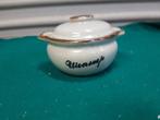Soepkom met deksel en opschrift: Uiensoep, Ophalen of Verzenden, 'T Olde Gre-j, Info@toldegrej.nl, Endepoelstraat 20f Didam
