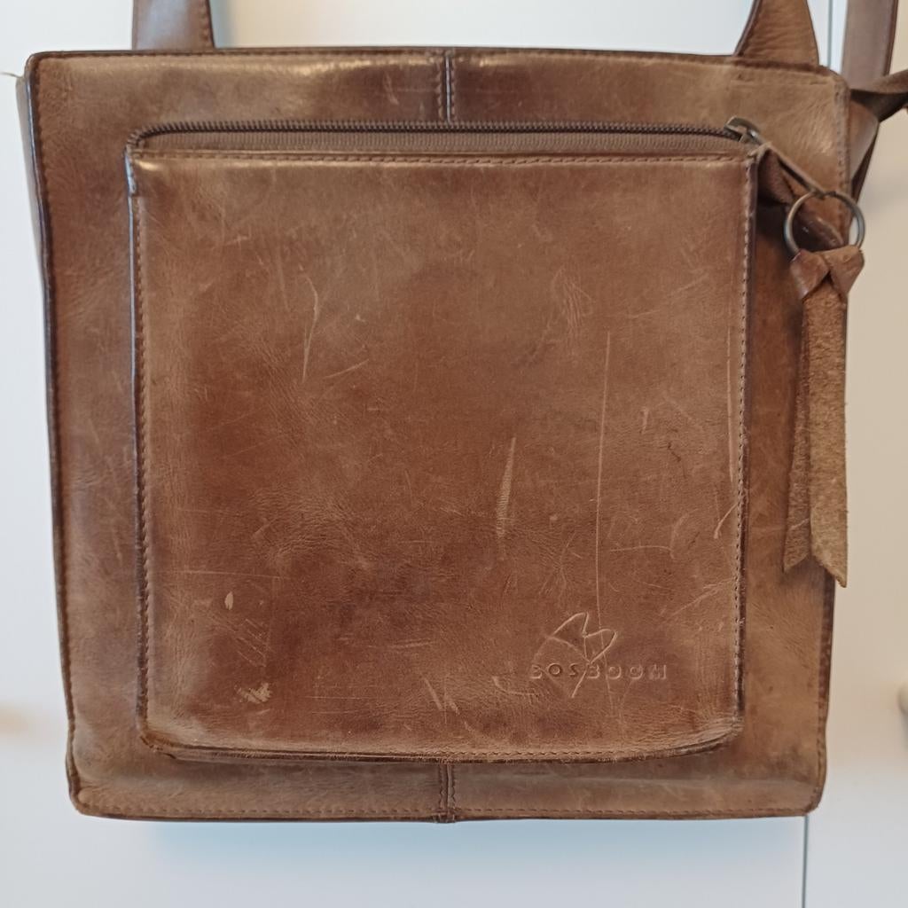 Bosboom leren schoudertas met vakken, Ophalen of Verzenden