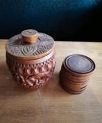 set Thaise teak houten pot met 8 onderzetters, Ophalen of Verzenden, Zo goed als nieuw, Glas of Kopje