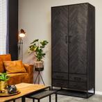 Visgraat kabinet New-York, zwart mangohout., Huis en Inrichting, Nieuw, Ophalen of Verzenden, Minder dan 150 cm, Metaal