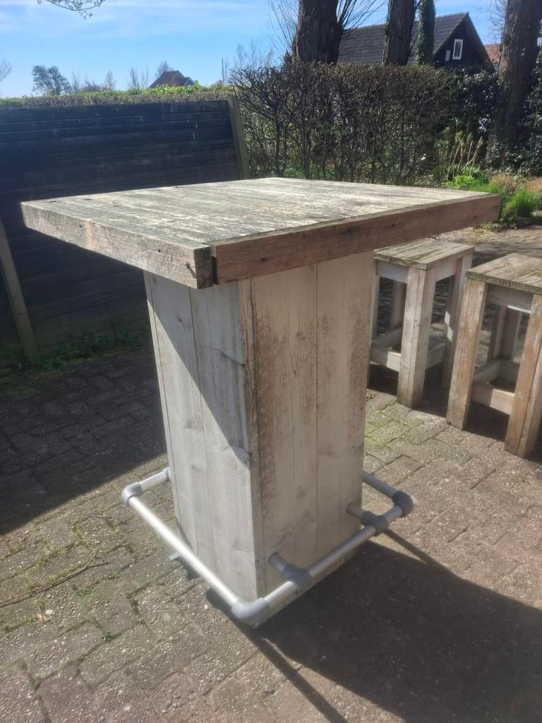 Statafel met 4 krukken van steigerhout, Huis en Inrichting, Tafels | Statafels, Ophalen of Verzenden