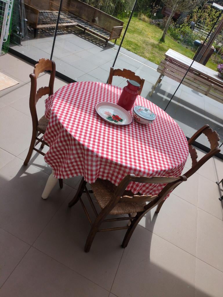 Ronde houten eettafel wit met 4 poten brocante, Huis en Inrichting, Tafels | Eettafels, Ophalen, Gebruikt, Rond, 100 tot 150 cm