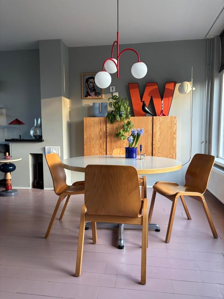 Set van 4 vintage Plywood eetkamerstoelen, Huis en Inrichting, Stoelen, Ophalen, Gebruikt, Bruin, Vier