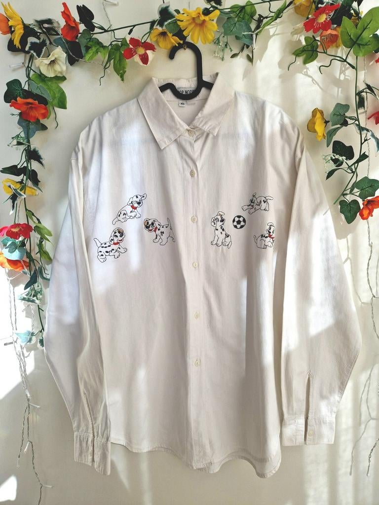 Schattig vintage overhemd/blouse met disney dalmatiërs, Ophalen of Verzenden, Zo goed als nieuw, Maat 46/48 (XL) of groter, Wit
