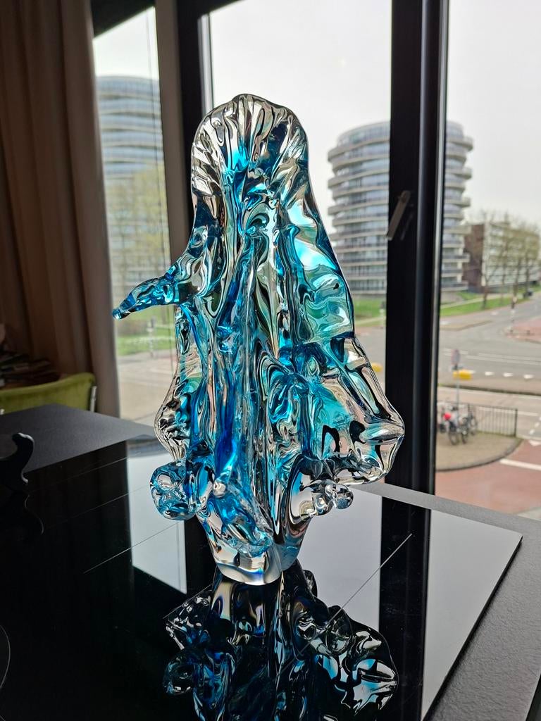 Grote Blauwe Glaskunst Design Object - Dansende Golf, Ophalen of Verzenden