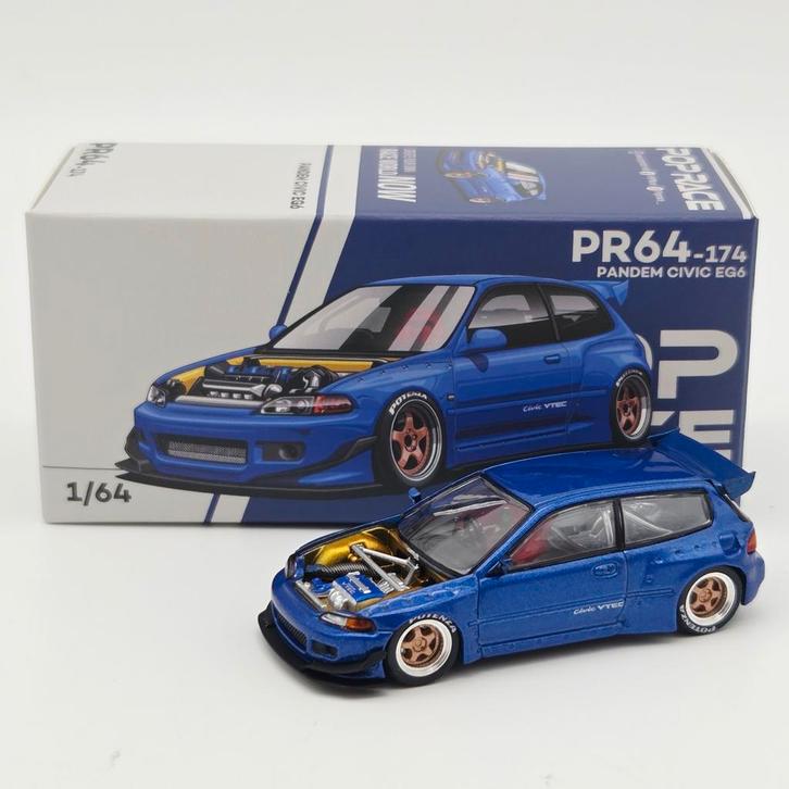 Pop Race Pandem Civic EG6 Metallic Blauw 1:64 Gedetailleerd, Hobby en Vrije tijd, Modelauto's | Overige schalen, Nieuw, Auto, Ophalen of Verzenden