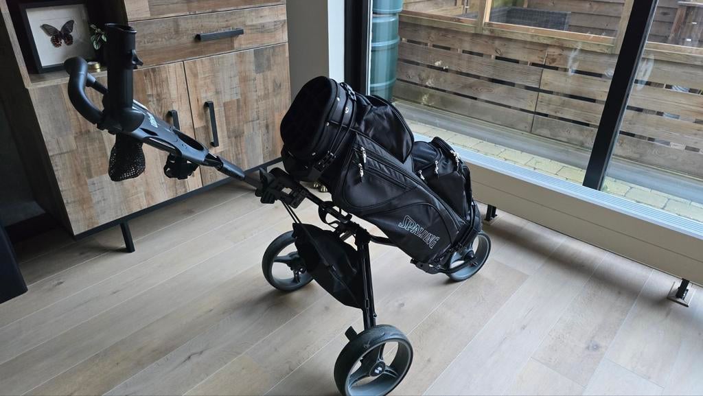 3-wiels golftrolley met Spalding golftas, Sport en Fitness, Golf, Ophalen of Verzenden, Zo goed als nieuw, Golfkar, Overige merken