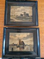 2 Schilderijen van J. van Dijk - Molen en Zeilschepen, Antiek en Kunst, Ophalen of Verzenden