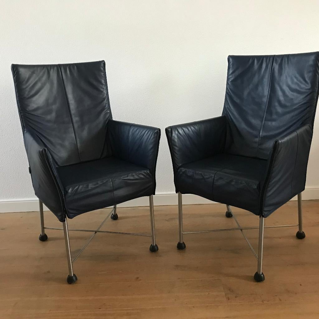 Set van 2 Montis Chaplin design stoel stoelen blauw leer, Huis en Inrichting, Stoelen, Gebruikt, Blauw, Leer, Ophalen of Verzenden