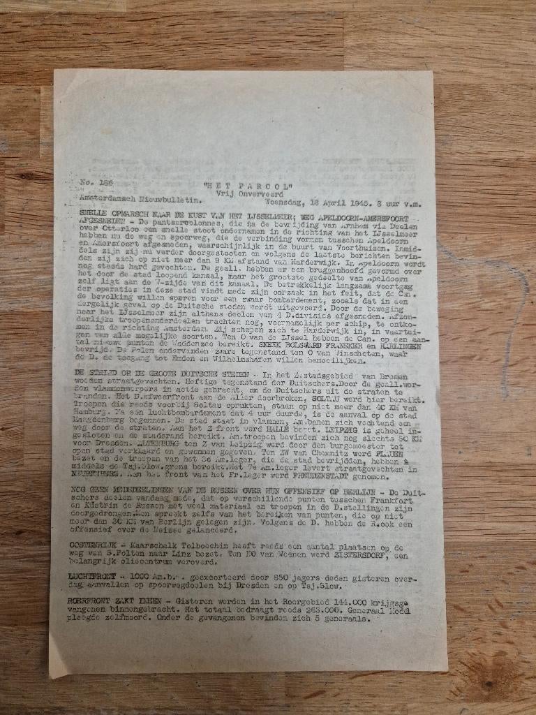 Wo2 illegale pers verzetskrant Het Parool, 18 april 1945, Ophalen of Verzenden, Nederland, Boek of Tijdschrift