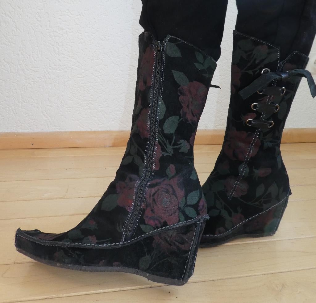Pons Quintana laarzen 39 bloemenprint sleehak VINTAGE, Hoge laarzen, Verzenden, Zwart, Zo goed als nieuw