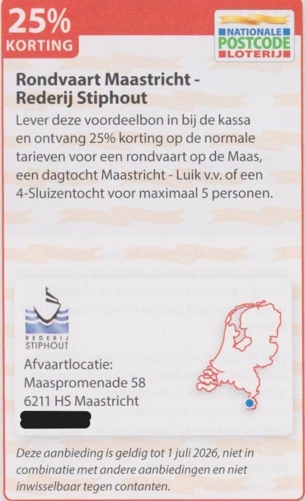 Rondvaart Maastricht - Rederij Stiphout 25% korting., Tickets en Kaartjes, Kortingen en Cadeaubonnen, Drie personen of meer, Kortingsbon