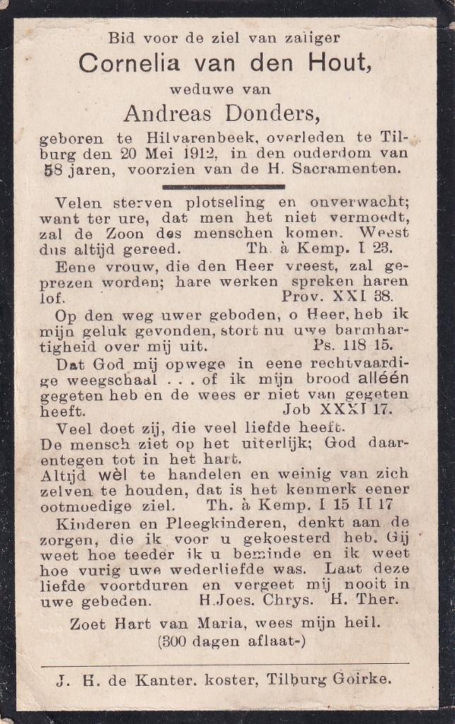 Hout Cornelia overl. 1912 Hilvarenbeek 88 jaren, Ophalen of Verzenden, Bidprentje