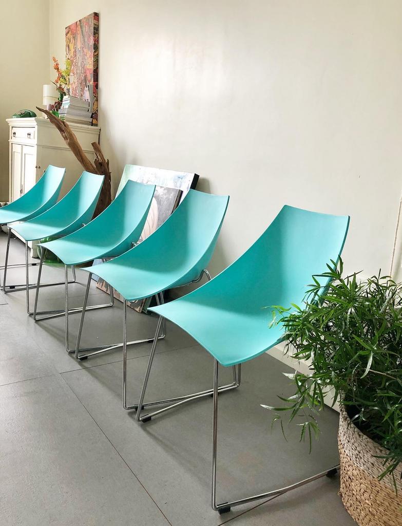 Coole set (5x) Parri - Marco Maran ‘Fly’ Design stoelen, Ophalen, Blauw, Italiaans design stoelen Italian kunststof metaal, Zo goed als nieuw