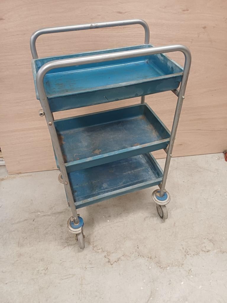 Vintage industriële serveerwagen met 3 planken, Ophalen, Gebruikt, Blauw, Metaal