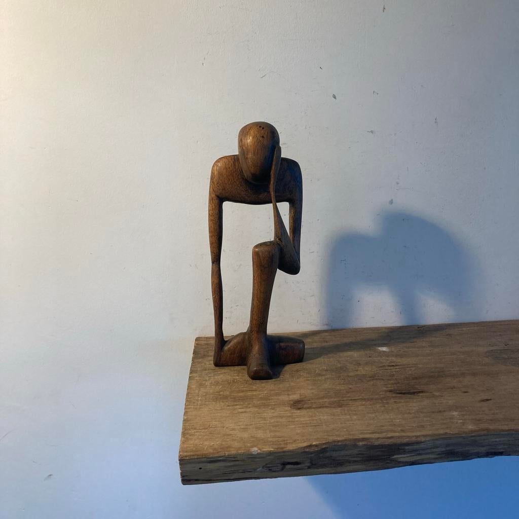 Houten sculptuur 'De Denker' - Rodin-stijl, Antiek en Kunst, Ophalen of Verzenden