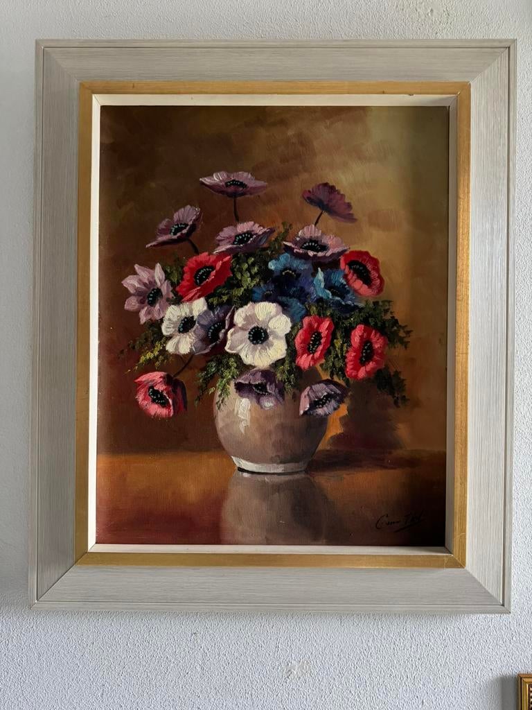 C.vanTril: kleurrijke bloemen in vaas op tafel., Antiek en Kunst, Ophalen