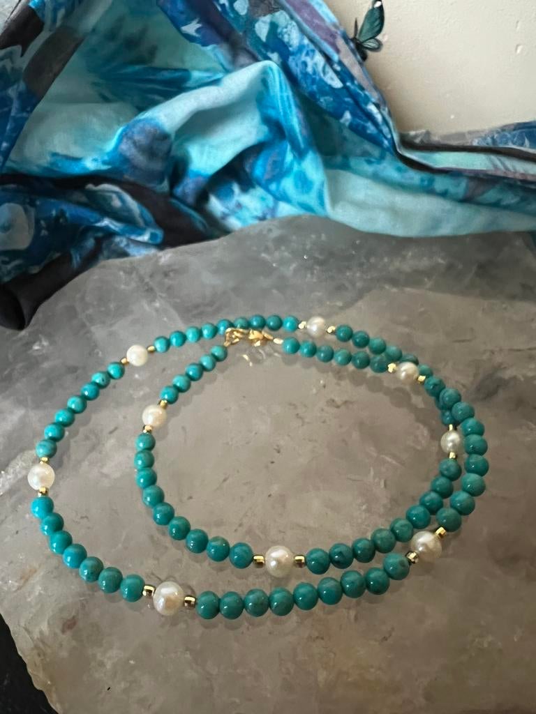 Turkoois turquoise Arizona akoya zoutwater parel zeldzaam, Sieraden, Tassen en Uiterlijk, Kettingen, Blauw, Nieuw, Verstelbaar