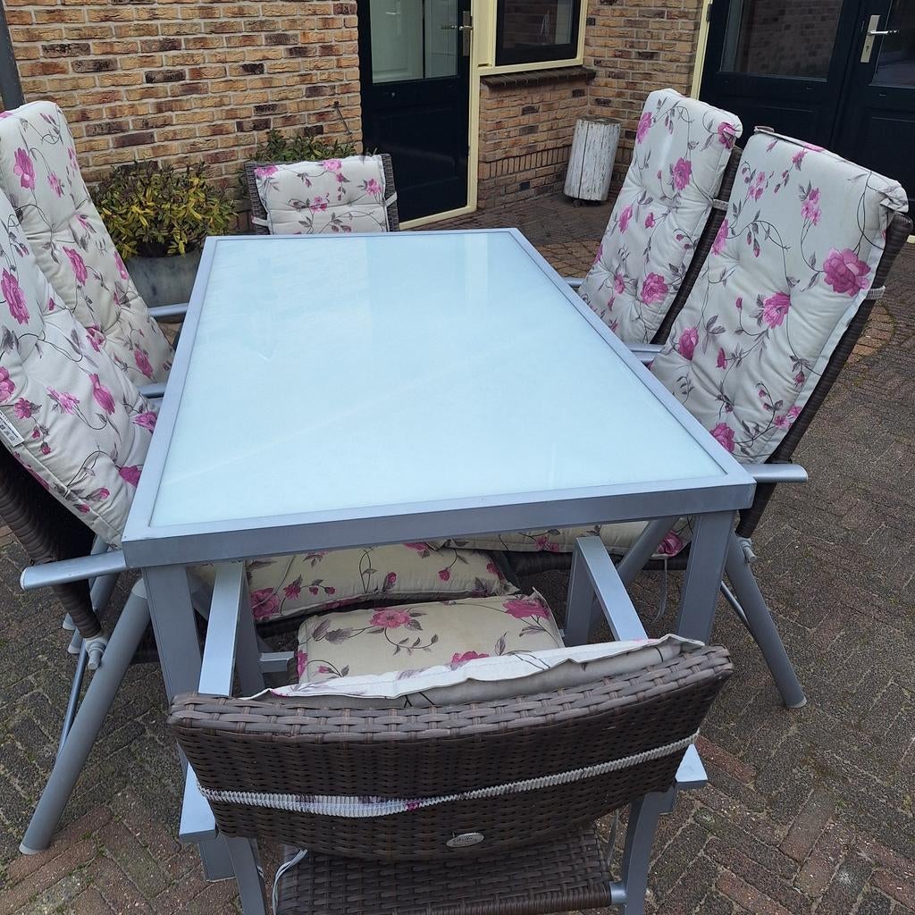 Tuinset met 6 stoelen en glazen tafel, Tuin en Terras, Ophalen, Gebruikt, Overige materialen