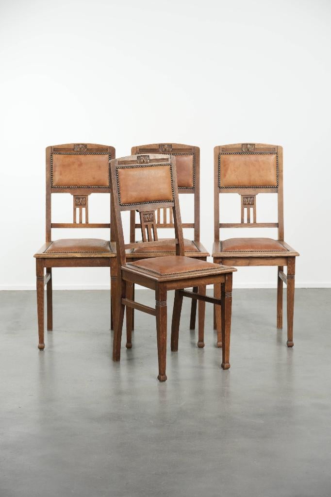 Set van 4 antieke eikenhouten Art Nouveau eetkamerstoelen, Ophalen
