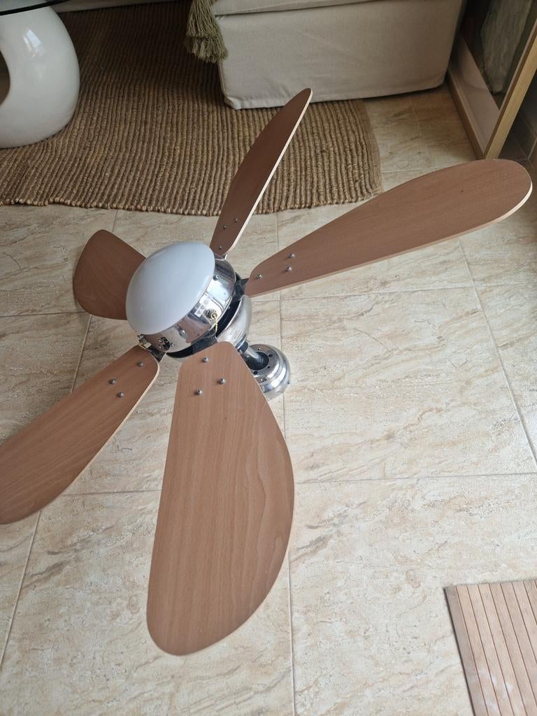 Plafondventilator met verlichting - Hout en Chroom, Ophalen of Verzenden, Gebruikt, Plafondventilator