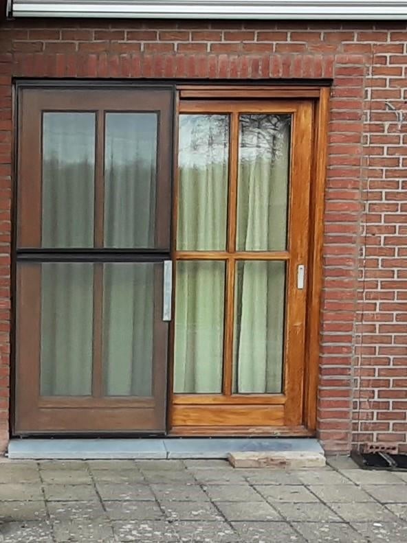 Houten schuifpui met hr ++ glas, Ophalen, Gebruikt, 150 tot 225 cm, Inclusief glas