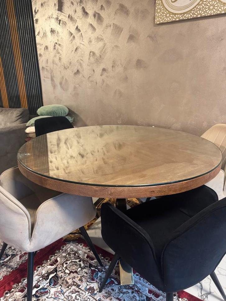 Moderne ronde eettafel met 6 stoelen, Huis en Inrichting, Tafels | Eettafels, Zo goed als nieuw, Vijf personen of meer, Rond, Glas