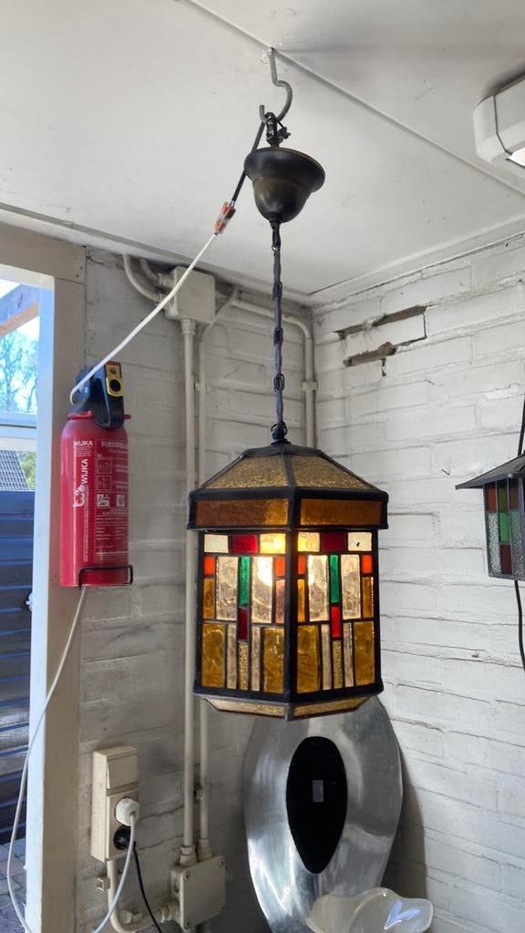 Mooie antieke Amsterdamse school glas in lood lamp, Ophalen