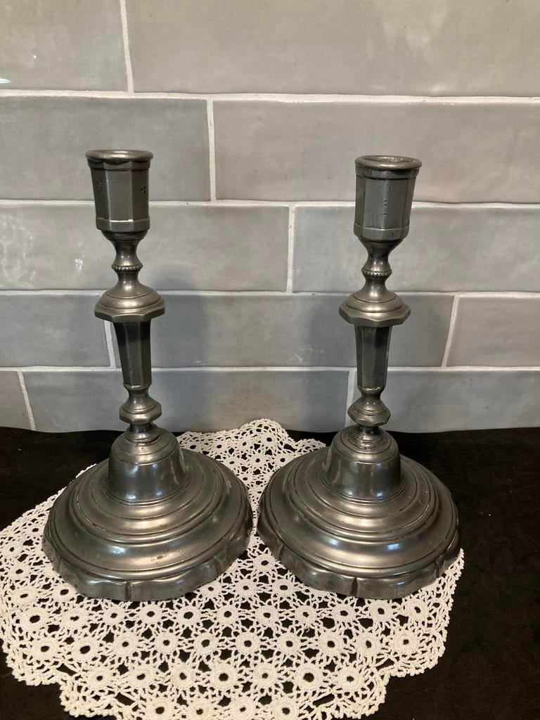 Set Antieke Franse tinnen kandelaars (240326), Antiek en Kunst, Antiek | Tin, Ophalen of Verzenden