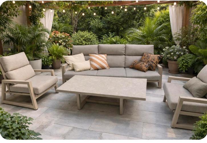 ‘ Hartman Gio’ licht aluminium tuinset - marmeren look tafel, Tuin en Terras, Tuinsets en Loungesets, Gebruikt, Loungeset, Aluminium