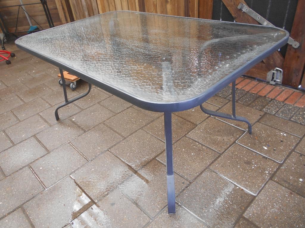 nette tuintafel aluminium frame met glas plaat 155x97x72cm, Tuin en Terras, Tuintafels, Ophalen, Gebruikt, Rechthoekig, Aluminium