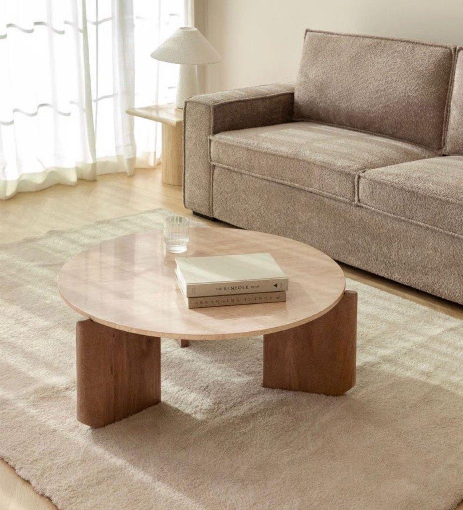 Ronde salontafel SKLUM Lavinia - Travertijn & Mangohout, Huis en Inrichting, Tafels | Salontafels, Ophalen, Rond, 50 tot 100 cm