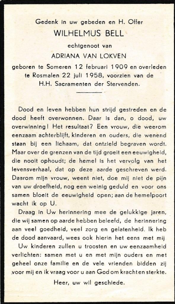 Bell Wilhelmus 1909 Someren 1958 Rosmalen, Ophalen of Verzenden, Bidprentje