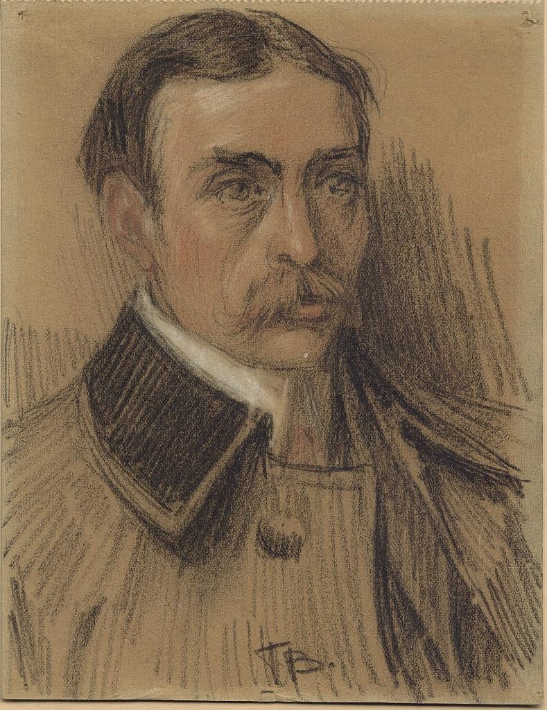 Monogram TB krijttekening "Man met Grote Snor", ca. 1910, Antiek en Kunst, Ophalen