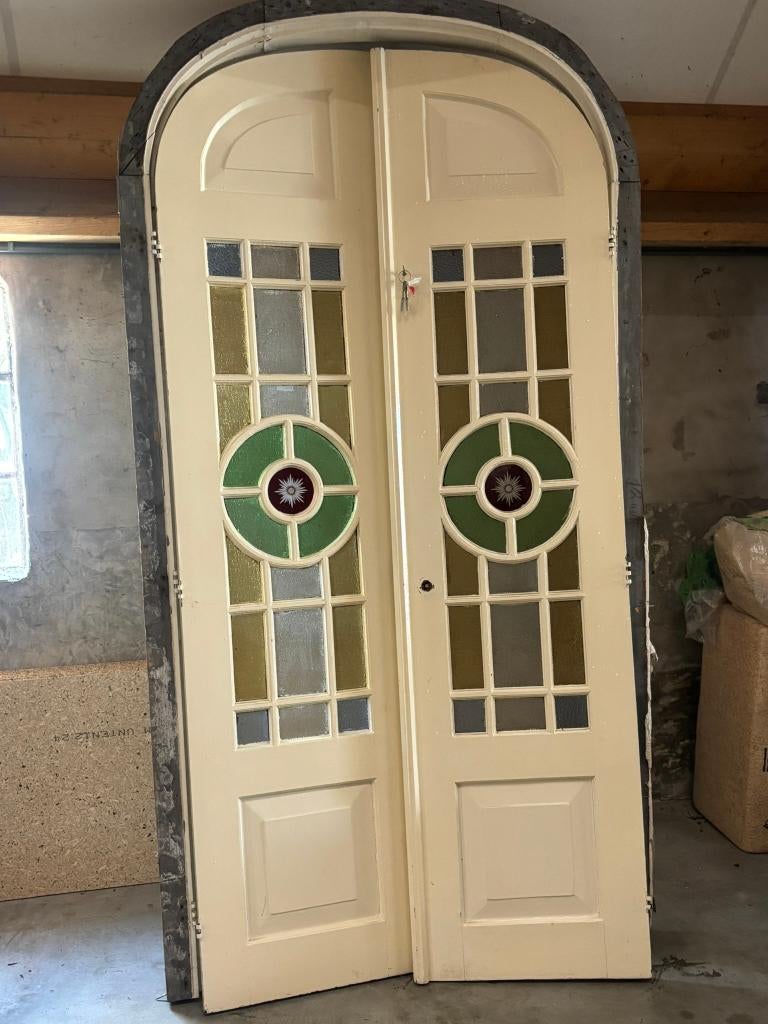 Dubbele deur, bijzondere beglazing, ANTIEK +kozijn, Ophalen, Gebruikt, Binnendeur, Glas