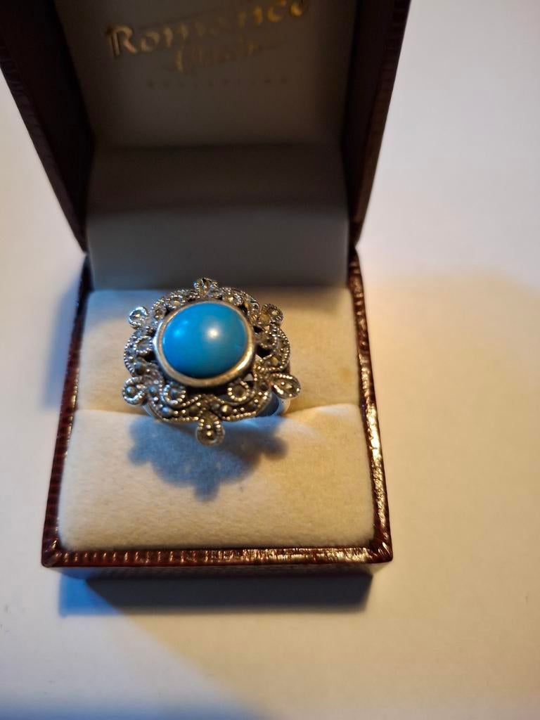 Zilveren ring met  turquoise  steen ringmaat 18mm, Antiek en Kunst, Ophalen of Verzenden