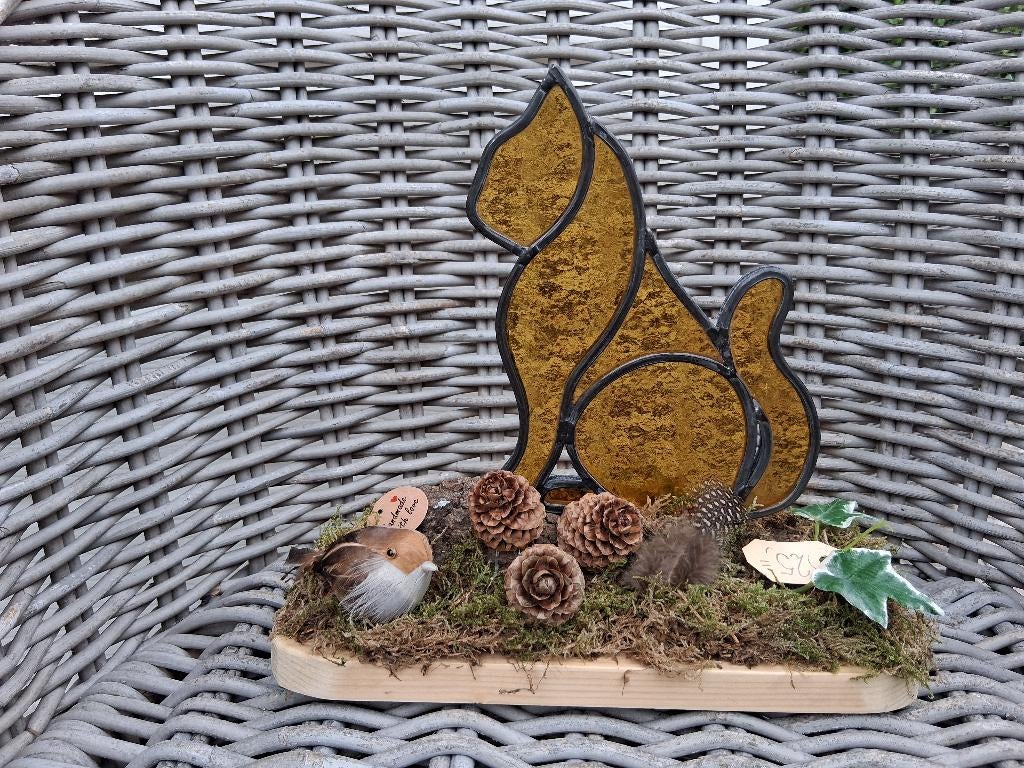 Glas in lood poes op houten voet, Antiek en Kunst, Kunst | Overige Kunst, Ophalen of Verzenden