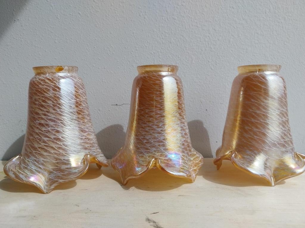 3 Art Nouveau Jugendstil lampenkappen beige roze glaspasta, Antiek en Kunst, Antiek | Lampen, Ophalen of Verzenden