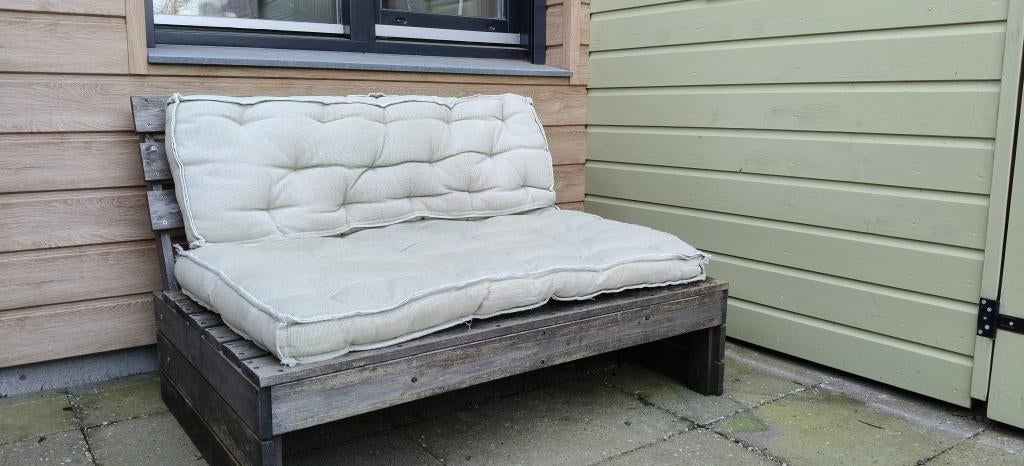 Palletbank Lucca Leen bakker (met grijsgroene kussens), Ophalen, Gebruikt, Hout