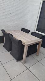 Teakhouten tafel met 4 rotan tuinstoelen, Ophalen, 4 zitplaatsen, Gebruikt, Eettafel